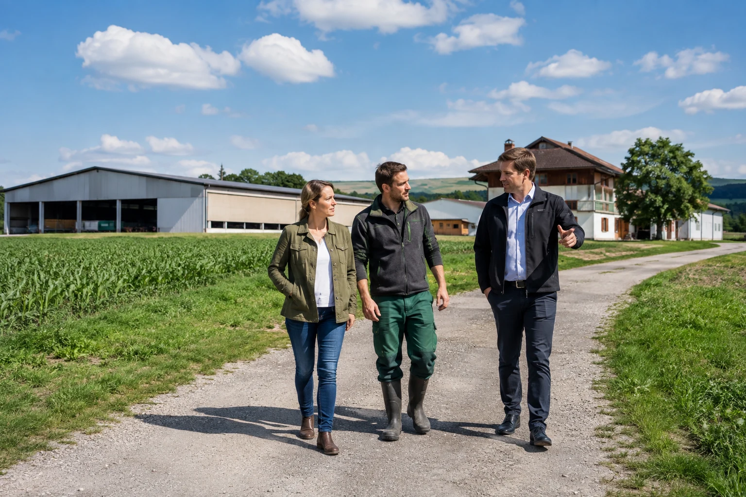 Kaufinteressenten besichtigen Flächen und Gebäude eines Landwirtschaftsbetriebes